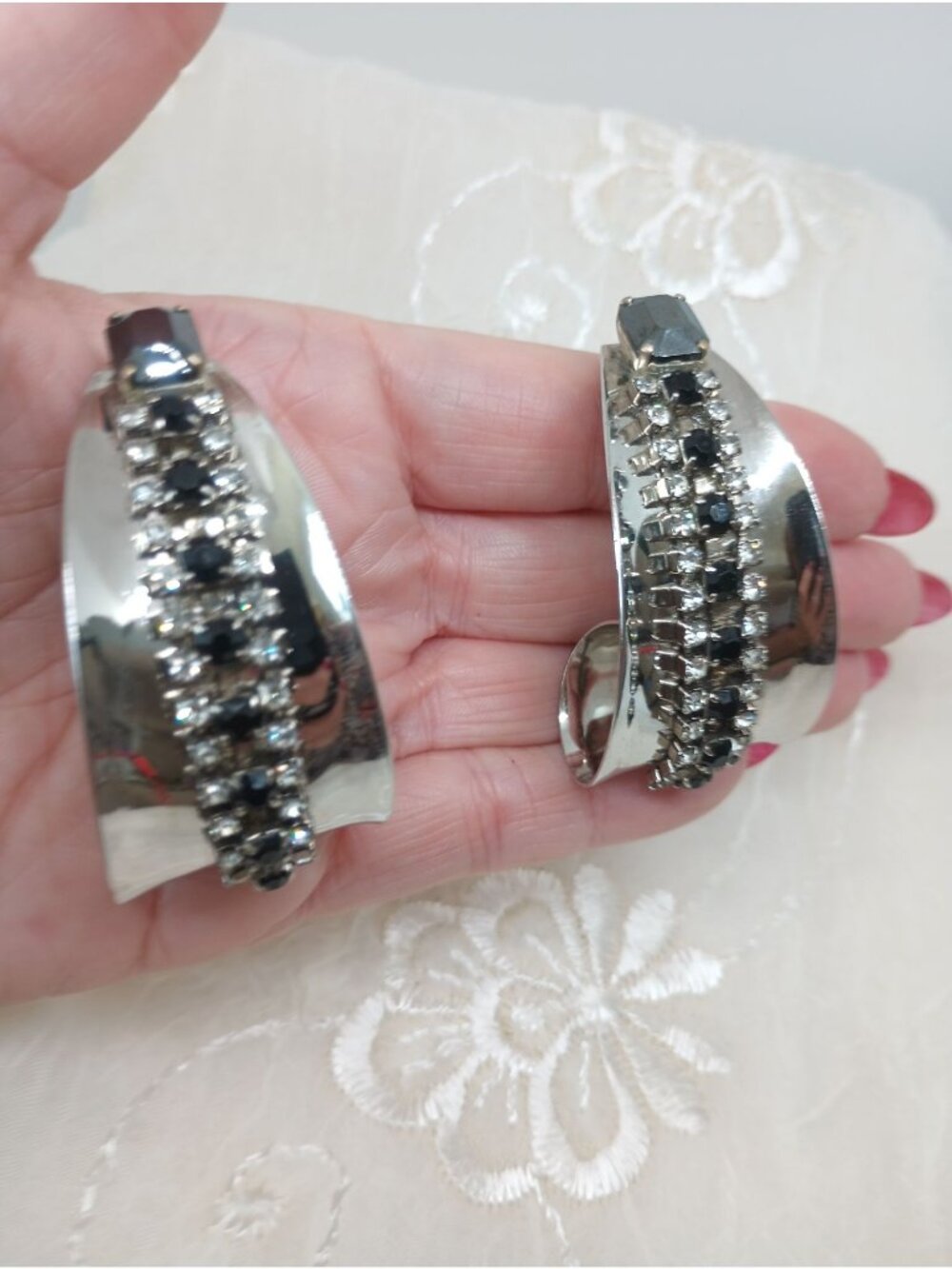 Vintage Clip-On Earrings With Black & Clear Rhinestones 1950s or 1960s GLAM